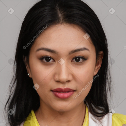 Joyful asian young-adult female with medium  brown hair and brown eyes