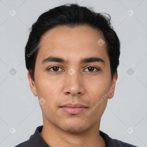 Neutral asian young-adult male with short  black hair and brown eyes