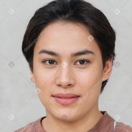 Joyful white young-adult female with short  brown hair and brown eyes