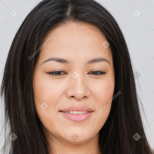 Joyful asian young-adult female with long  brown hair and brown eyes