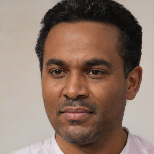 Neutral black adult male with short  black hair and brown eyes