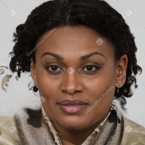 Joyful black adult female with short  brown hair and brown eyes