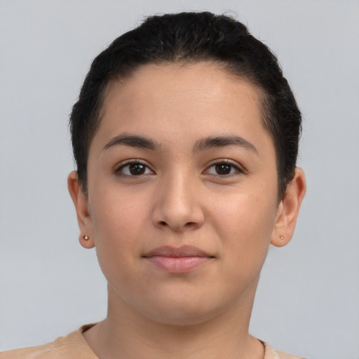 Neutral asian young-adult female with short  brown hair and brown eyes