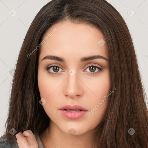 Neutral white young-adult female with long  brown hair and brown eyes