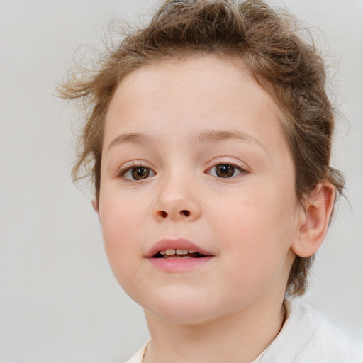 Joyful white child female with medium  brown hair and brown eyes