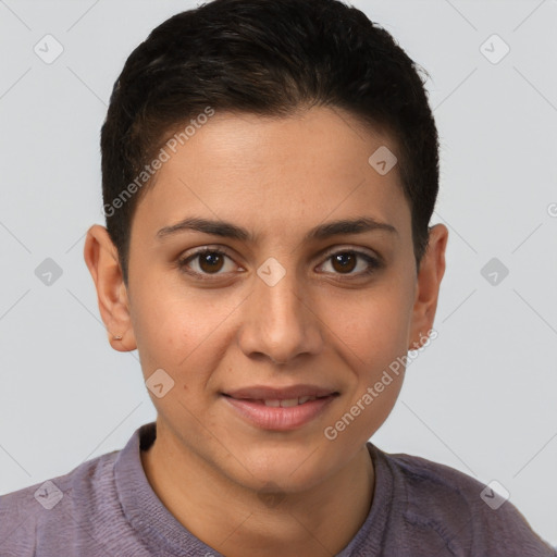 Joyful white young-adult female with short  brown hair and brown eyes