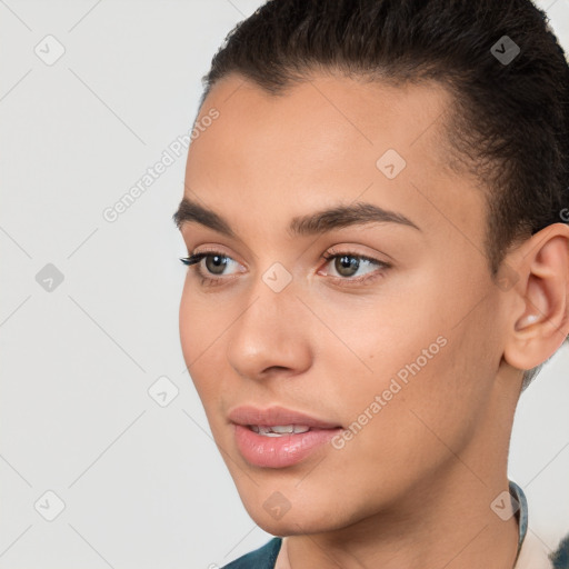 Joyful white young-adult female with short  brown hair and brown eyes