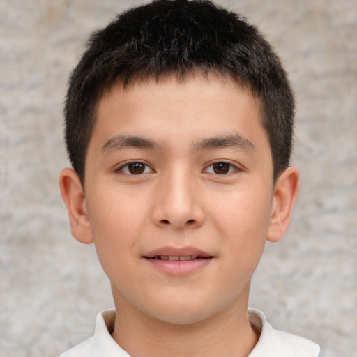 Joyful white child male with short  brown hair and brown eyes