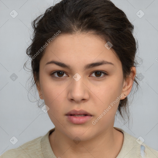 Neutral white young-adult female with medium  brown hair and brown eyes