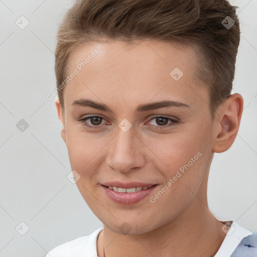 Joyful white young-adult female with short  brown hair and brown eyes