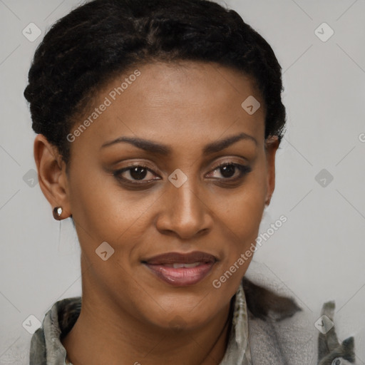 Joyful black young-adult female with short  brown hair and brown eyes