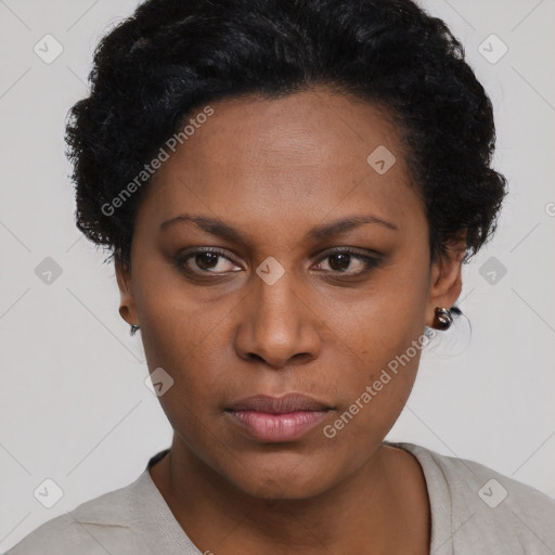 Neutral black young-adult female with short  black hair and brown eyes