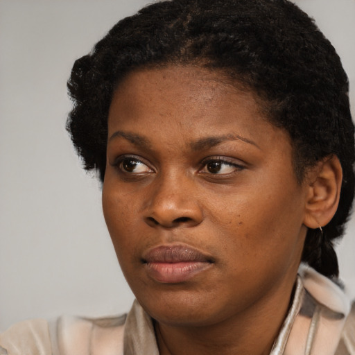 Neutral black young-adult female with short  brown hair and brown eyes