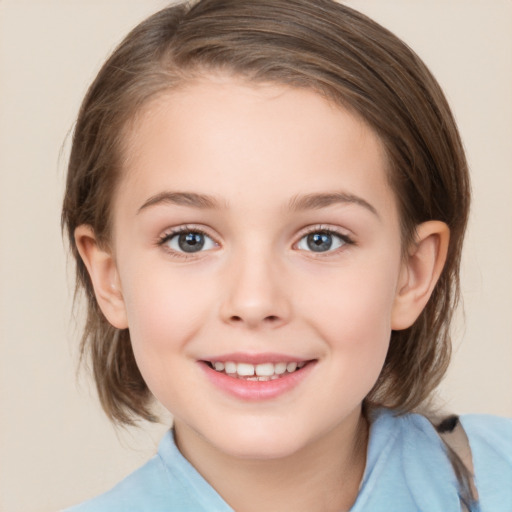 Joyful white child female with medium  brown hair and brown eyes