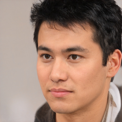 Neutral asian young-adult male with short  black hair and brown eyes