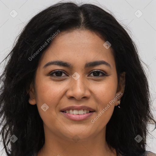 Joyful latino young-adult female with long  brown hair and brown eyes