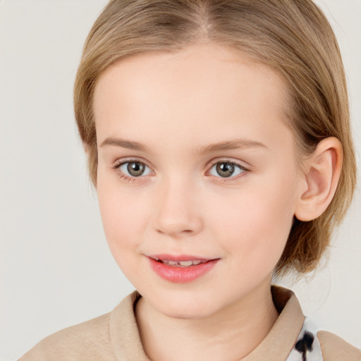 Joyful white child female with medium  brown hair and brown eyes