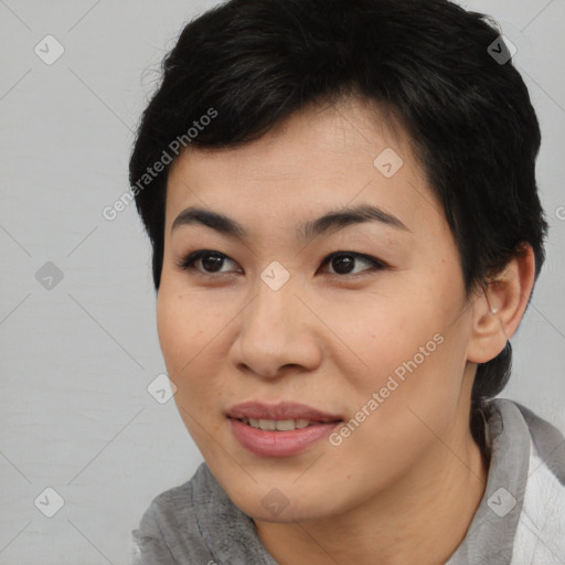 Joyful asian young-adult female with medium  brown hair and brown eyes