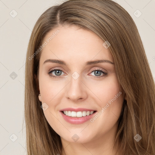 Joyful white young-adult female with long  brown hair and green eyes