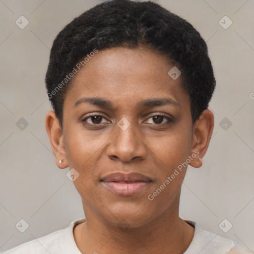 Joyful black young-adult female with short  black hair and brown eyes