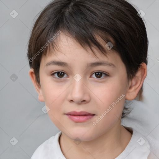 Joyful white child female with medium  brown hair and brown eyes