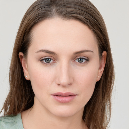 Neutral white young-adult female with long  brown hair and grey eyes