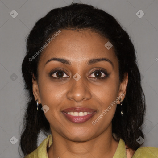 Joyful black young-adult female with medium  brown hair and brown eyes