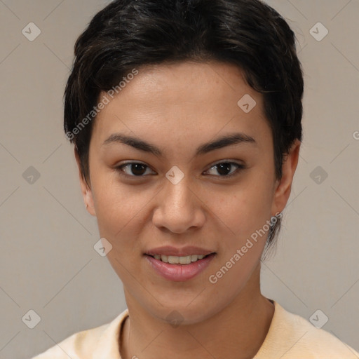 Joyful asian young-adult female with short  brown hair and brown eyes