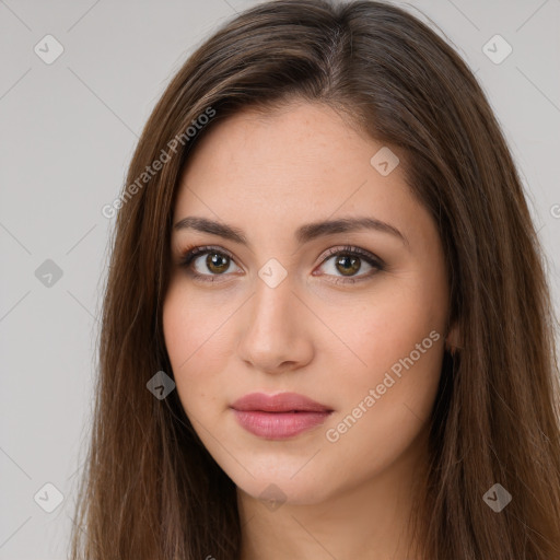 Neutral white young-adult female with long  brown hair and brown eyes