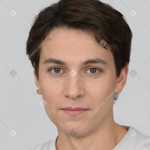 Neutral white young-adult male with short  brown hair and brown eyes