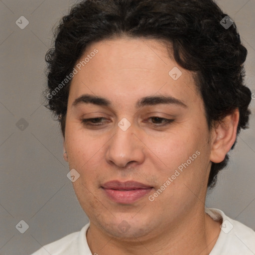 Joyful white adult female with short  brown hair and brown eyes