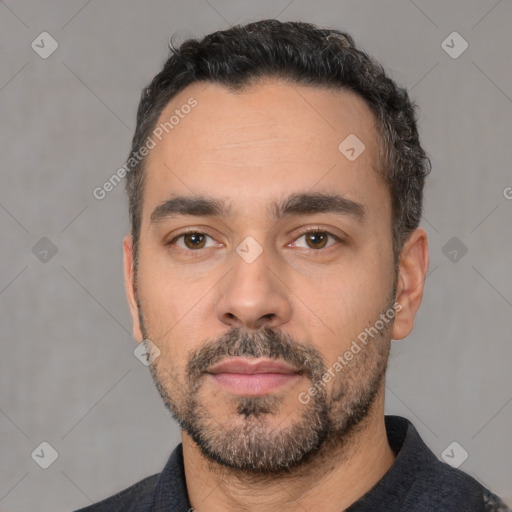 Neutral white adult male with short  black hair and brown eyes