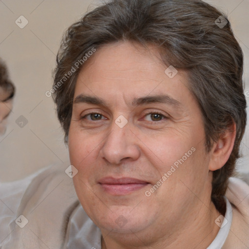 Joyful white adult female with short  brown hair and brown eyes