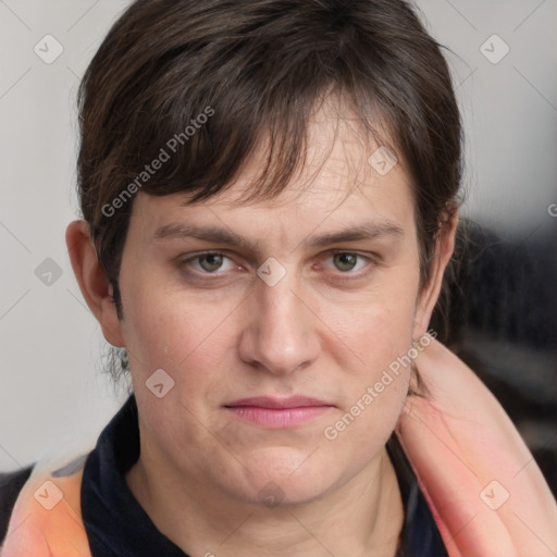 Joyful white adult female with medium  brown hair and grey eyes