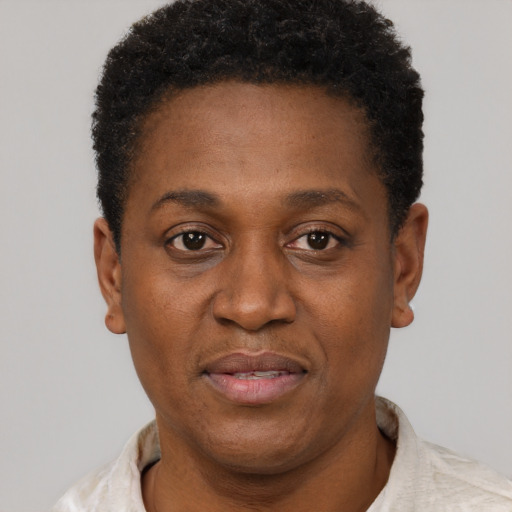 Neutral black young-adult female with short  black hair and brown eyes