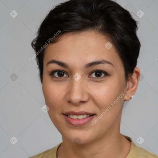 Joyful white young-adult female with short  brown hair and brown eyes