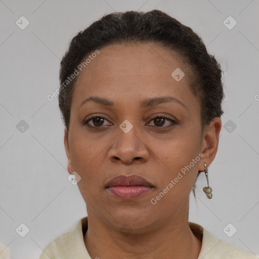 Joyful black adult female with short  brown hair and brown eyes