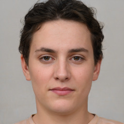 Neutral white young-adult female with short  brown hair and brown eyes