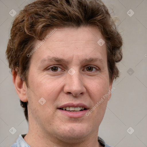 Joyful white adult female with short  brown hair and grey eyes