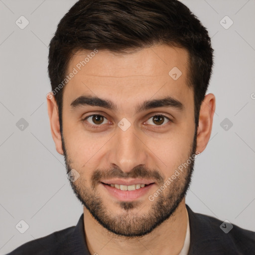 Joyful white young-adult male with short  brown hair and brown eyes