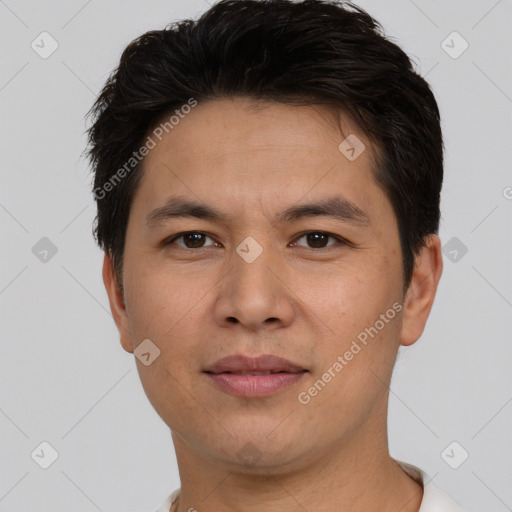 Joyful asian young-adult male with short  brown hair and brown eyes