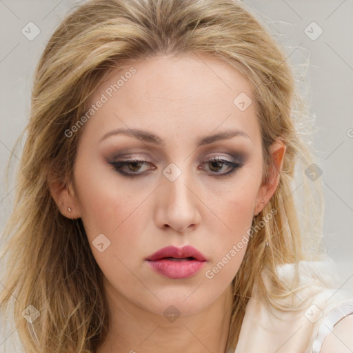 Neutral white young-adult female with long  brown hair and brown eyes