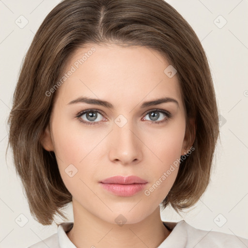 Neutral white young-adult female with medium  brown hair and brown eyes