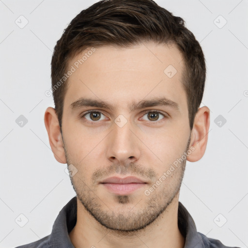 Neutral white young-adult male with short  brown hair and brown eyes