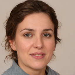 Joyful white adult female with medium  brown hair and brown eyes