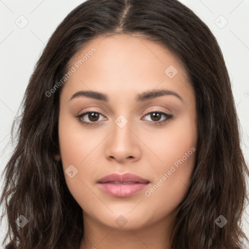 Neutral white young-adult female with long  brown hair and brown eyes