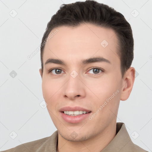 Joyful white young-adult male with short  brown hair and brown eyes