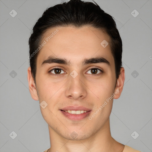 Joyful white young-adult male with short  brown hair and brown eyes