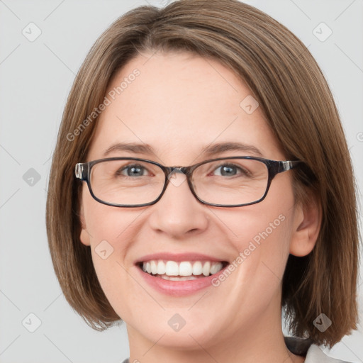 Joyful white young-adult female with medium  brown hair and blue eyes