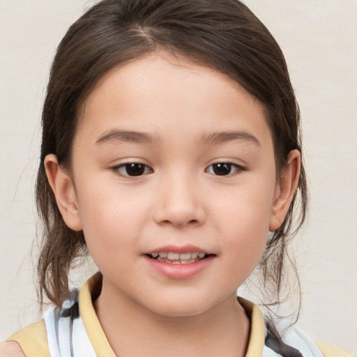 Joyful white child female with medium  brown hair and brown eyes